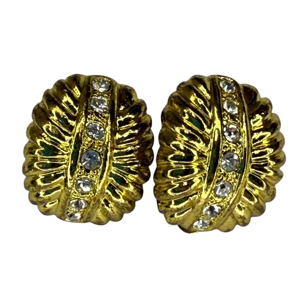 Vintage Gold‑Tone Rhinestone Dome Clip‑On Earrings Textured Statement Jewelry - Picture 2 of 6
